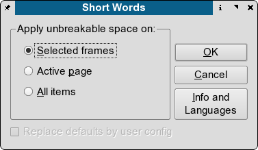 "Short Words dialog window"
